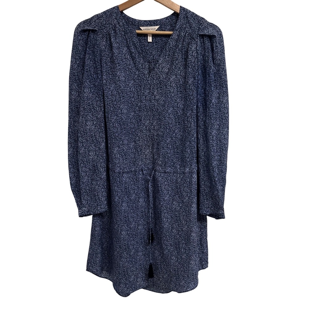 Rebecca Taylor Silk Blend Print V‎ Neck Tassel Tie Dress Size 0 Blue silky